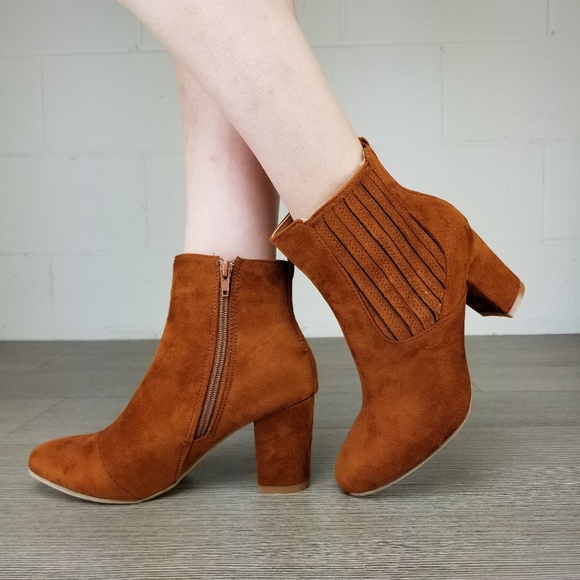 Shoes - Vegan Suede Tan Bock Heel Ankle Bootie